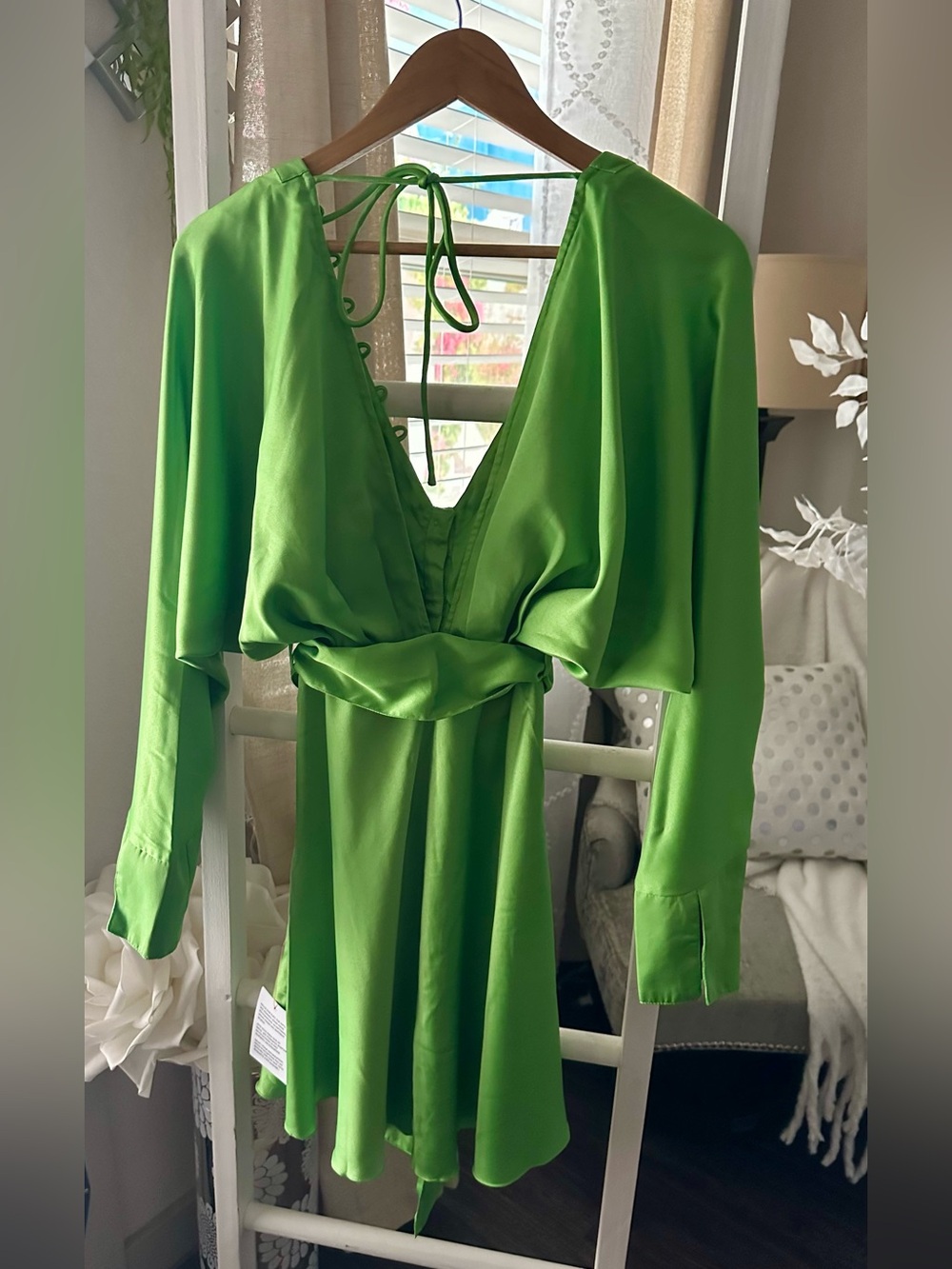 ASOS Satin Tie-Waist Mini Dress - Lime Green Size 4 - Picture 4 of 6